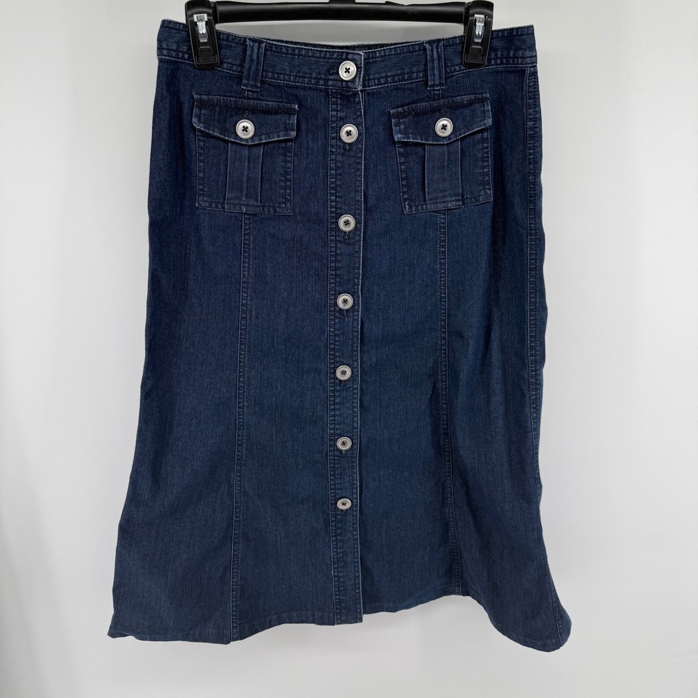 Talbots Womens Dark Wash Denim Button Front Midi A-Line Skirt Size 6 Stretch Y2K